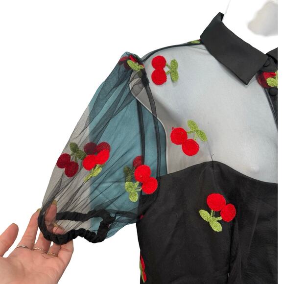 Unique Vintage Collared Sheer Embroidered Black Red Cherry Dress size L 10 12 - Picture 10 of 15